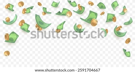 3d dollar notes and gold coins falling. Financial success concept. Vector illustration.
