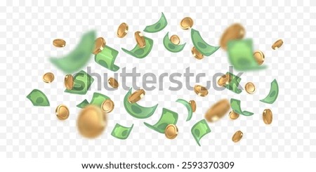 3d dollar notes and gold coins falling. Financial success concept. Vector illustration.