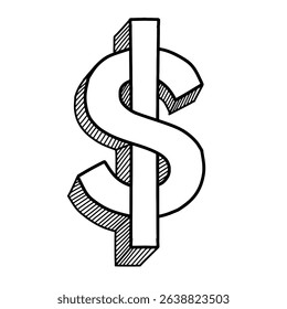 3D dollar sign outline vector illustration, hand drawn dollar sign currency symbol money sketch. US dollar sign art