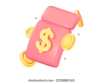 Signo de dólar 3D con un Cupón rojo y monedas de oro adjuntas. Ilustración vectorial para la preservación del capital, el intercambio de reembolsos y la obtención de bonos.