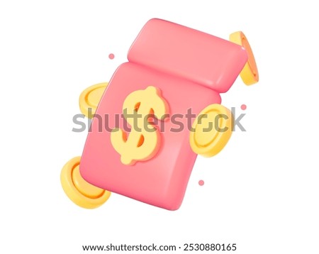 3D dollar sign with a red coupon and attached gold coins. Vector illustration for capital preservation, cashback exchange, and earning bonuses.