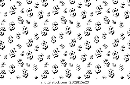 3D Dollar sign seamless vector black and white editable pattern background. Money sign vector black and white pattern background