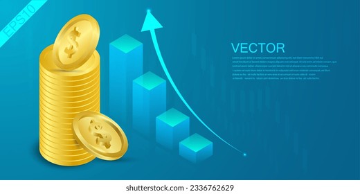 3d Dollar dollar vector background, candlestick graph, rising trend, hi-tech technology, modern, futuristic world. Concept of online trading indicators around the world