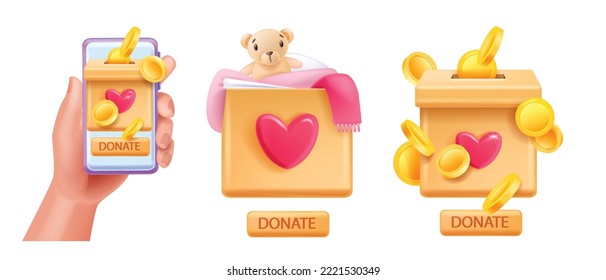 3D donate box, vector charity love badge, heart, button, bear, vector smartphone app concept, hand. Person support clothes donation fundraising clipart, investor human care. Donate box illustration 