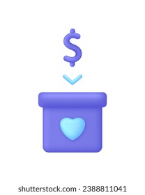 3D Spenden Symbol. Menschen, die Geld für Wohltätigkeitszwecke online spenden. Spende durch Geld. Trendy und moderne Vektorgrafik im 3D-Stil.