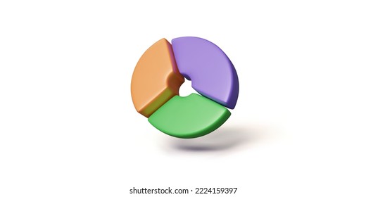 Gráfica de salientes 3D aislada en blanco. Icono de diagrama circular. Gráfico de colores verde, naranja y morado.