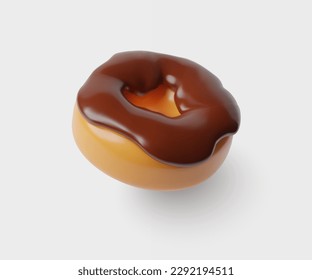 3d donut with chocolate glaze. Flying glossy plastic bakery icon. Realistic delicious three dimentional vector illustration on white background.