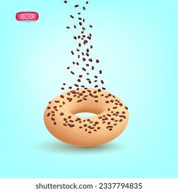 3d donut with falling chocolate sprinkles. Realistic illustration on a colored background. Vector design.