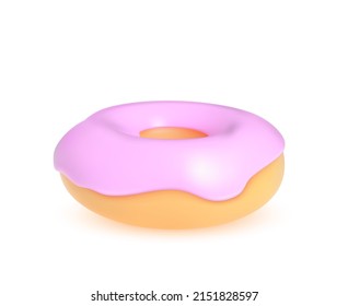 3d Donut With Pink Frosting Glaze. Vector Realistic Illustration Isolated On White Background. Front Perspective View