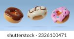 3d donuts food icons set. Different three dimentional realistic glossy plastic flying doughnuts. Chocolate, strawberry and cream flavor. Vector objects on removable blue background.