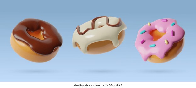 3d donuts food icons set. Different three dimentional realistic glossy plastic flying doughnuts. Chocolate, strawberry and cream flavor. Vector objects on removable blue background.