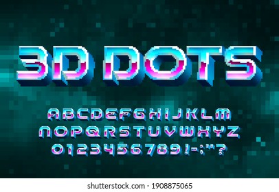 3D Dots alphabet font. Digital letters and numbers. Pixel background. 80s arcade video game typescript.