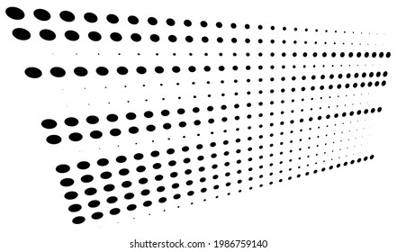 3D dots, circles geometric arrangement in perspective. Vanishing, diminishing speckles, stipple, stippling art spatial illustration