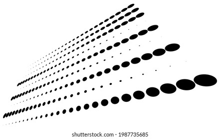 3D dots, circles geometric arrangement in perspective. Vanishing, diminishing speckles, stipple, stippling art spatial illustration