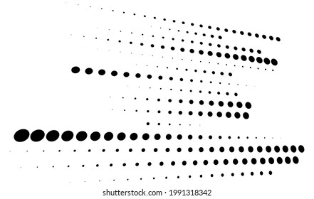 3D dots, circles geometric arrangement in perspective. Vanishing, diminishing speckles, stipple, stippling art spatial illustration