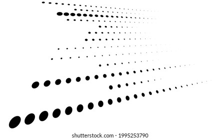 puntos 3D, disposición geométrica de círculos en perspectiva. Ilustración espacial de arte que se desvanece, disminuye la cantidad de espectros, estiba