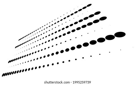 3D dots, circles geometric arrangement in perspective. Vanishing, diminishing speckles, stipple, stippling art spatial illustration