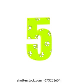 3d dots number five green funny cute Sign isolated white background Traces of animals