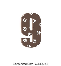 3d dots number nine brown funny cute Sign isolated white background Traces of animals
