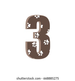 3d dots number three brown funny cute Sign isolated white background Traces of animals