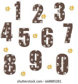 3d dots set numbers brown funny cute Sign isolated white background Traces of animals
