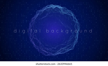 Esfera de puntos 3d. Fondo Abstractas de partículas. Tecnología Bg Con Network Globe. Vector Tecnológico Digital Con Partículas. Esfera De Datos Cibernéticos Con Un Alambre Circular Y Una Rejilla De Malla. Esfera de puntos 3d azul.