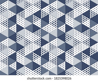 3D dotted cubes seamless pattern vector background, dots and lines triangles dimensional blocks, architecture and construction, geometric design.