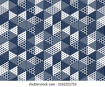 3D dotted cubes seamless pattern vector background, dots and lines triangles dimensional blocks, architecture and construction, geometric design.