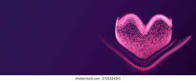 3d gepunktetes Glitzerherz einzeln auf violettem Hintergrund. KI lieben Vektortechnologie Hintergrund. Valentinstag-Konzept. Unscharfes romantisches Herzsymbol.