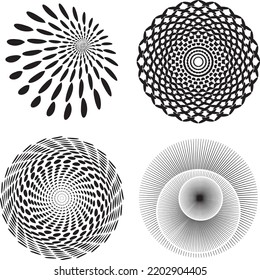 3D Dotted and line speckles abstract concentric circle. spiral, swirl, twirl element. Circular and radial lines volute, helix. Segmented circle with rotation. Radiating arc lines. Cochlear