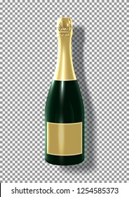 3d dottle of Champagne isolated on transparent background. Vector illustration with realistic green glass bottle with golden label. Element for Christmas, new year, birthday, valentine's day design.