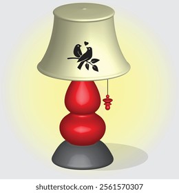 3D Double Gourd Table lampshade with a romantic bird silhouette and heart design.The lamp has a red glossy base and a pull-chain switch,isolated on a soft yellow light gradient background.