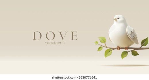 3D dove sitting on a green branch. Modern banner for religion, celebration concepts. Wild bird symbolizing freedom, peace. Vector illustration.