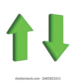 3d arriba y abajo signo verde brillante flechas modernas Ilustración vectorial. Icono de símbolo de gráfico de barras de ventas con flecha que se mueve hacia abajo y gráfico de barras de ventas con flecha que se mueve hacia arriba. Concepto de velocidad de descarga y carga
