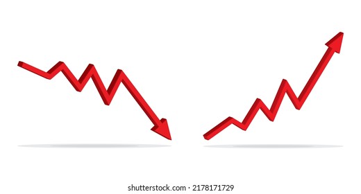 3d Up and Down sign with red arrows vector. Design vector illustration concept of sales bar chart symbol icon with arrow moving down and sales bar chart with arrow moving up.	