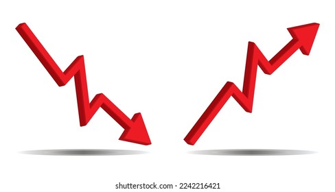 3d Up and Down sign with red arrows vector. Design vector illustration concept of sales bar chart symbol icon with arrow moving down and sales bar chart with arrow moving up.	