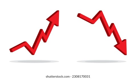 3d Signo hacia arriba y hacia abajo con vectores de flechas rojas. Diseñar el concepto de ilustración vectorial del símbolo de gráfico de barras de ventas con flecha moviéndose hacia abajo y gráfico de barras de ventas con flecha hacia arriba.