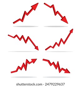 3d Up and Down sign with red arrows vector collection. Design vector illustration concept of sales bar chart symbol icon set with arrow moving down and sales bar chart with arrow moving up.