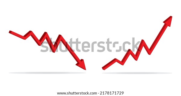 3d Up and Down\
sign with red arrows vector. Design vector illustration concept of\
sales bar chart symbol icon with arrow moving down and sales bar\
chart with arrow moving\
up.	