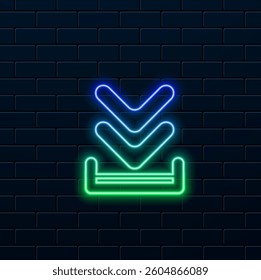 3D download button icon. neon style. Upload icon. Symbol of the bottom side of the down arrow. Click here button for UI UX