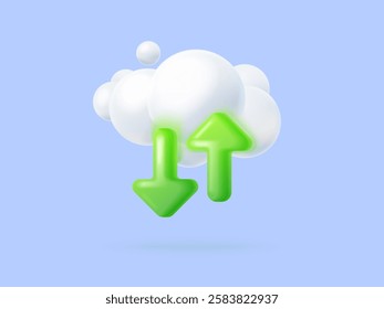 3d download cloud. Clouds storage service for mobile or computer, arrow down load upload data backup shelf loading content web hosting server technology, exact vector illustration original artwork