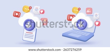 3d download data to cloud computing with mobile phone concept for digital file sharing and data transfer system. download multimedia to smartphone. 3d cloud storage icon vector render illustration
