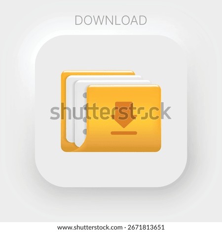 3D Download Folder Icon – Yellow File with Arrow Symbol for App, Website, Cloud Storage, Data Transfer, Software, and UI Design Vector Illustration