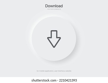 3D download icon button. Upload icon. Down arrow bottom side symbol. Save cloud icon push button.