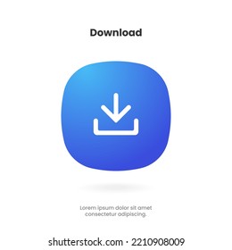 3D download icon button. Upload icon. Download symbol, sign. Down arrow bottom side symbol. Save cloud icon push button for ui ux website mobile app