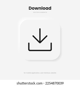 3D download icon button. Upload icon. Download symbol, sign. Down arrow bottom side symbol. Save cloud icon push button for ui ux website mobile app