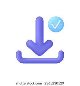 Icono de descarga 3D con marca de verificación. Concepto de descarga exitoso. Cargar símbolo de datos de Internet. Icono moderno y moderno en 3d estilo para el diseño web.
