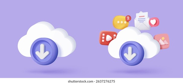 3d download multimedia file document from cloud management. download image and video content digital file. App with data transfer notification icon. 3d cloud storage icon vector render illustration