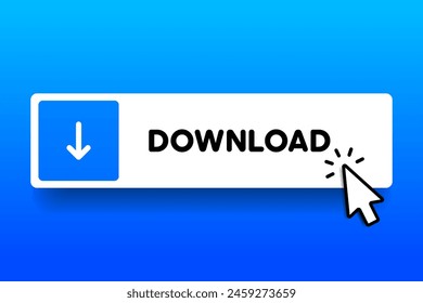 3d download now button with hand cursor. Save cloud icon button hand pointer clicking. Click here banner with shadow. Click push button isolated. Online shopping.