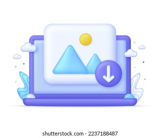 3D Download picture on Computer. Picture, jpg file, photo icon. Gallery icon. Mountains and sun. Trendy and modern vector in 3d style.